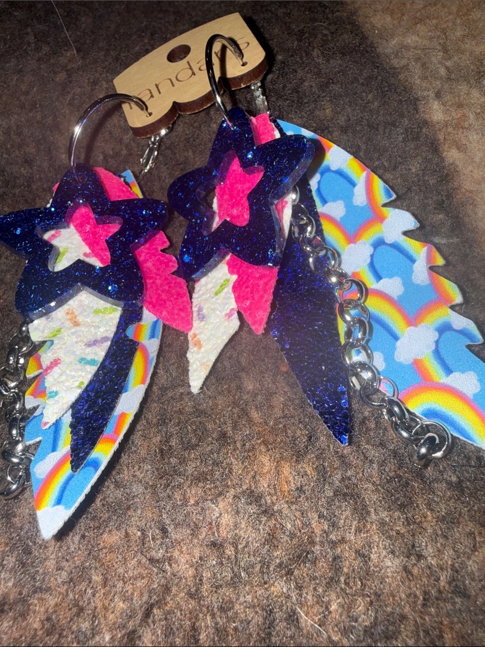 Rainbow Star Dangle Earrings with Glitter Layering - Blue Pink White